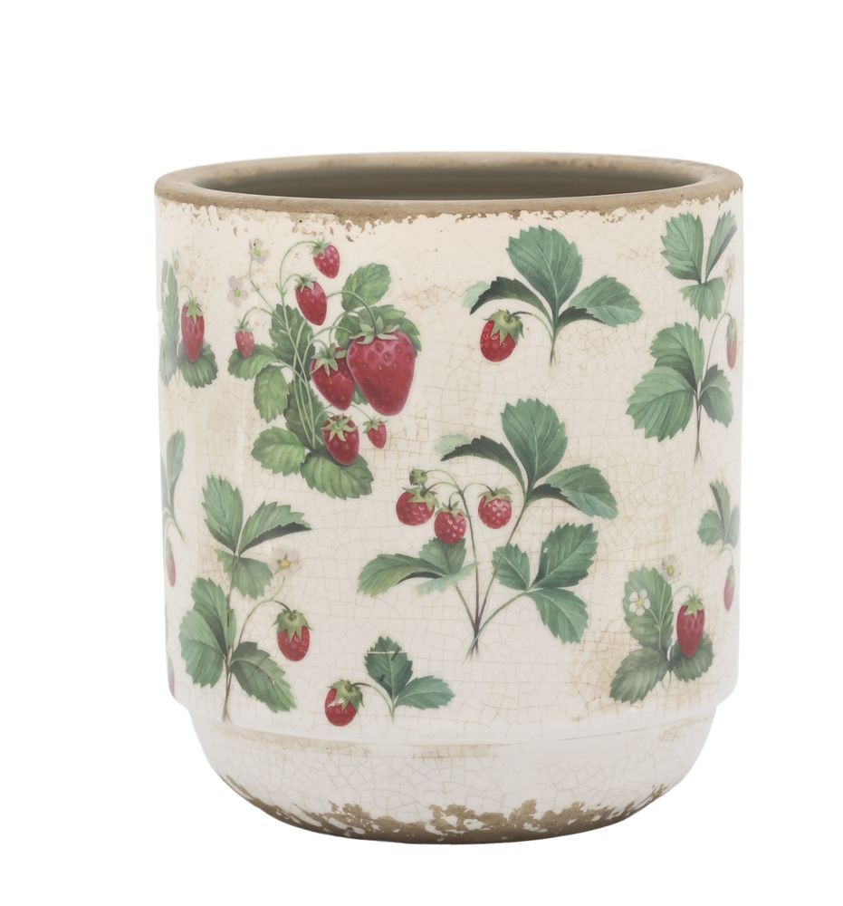 Krémový antik keramický obal na květináč s jahůdkami Fraises - Ø 13*13 cm