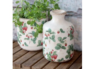 Krémová antik keramická váza s jahůdkami Fraises - Ø 11*17 cm