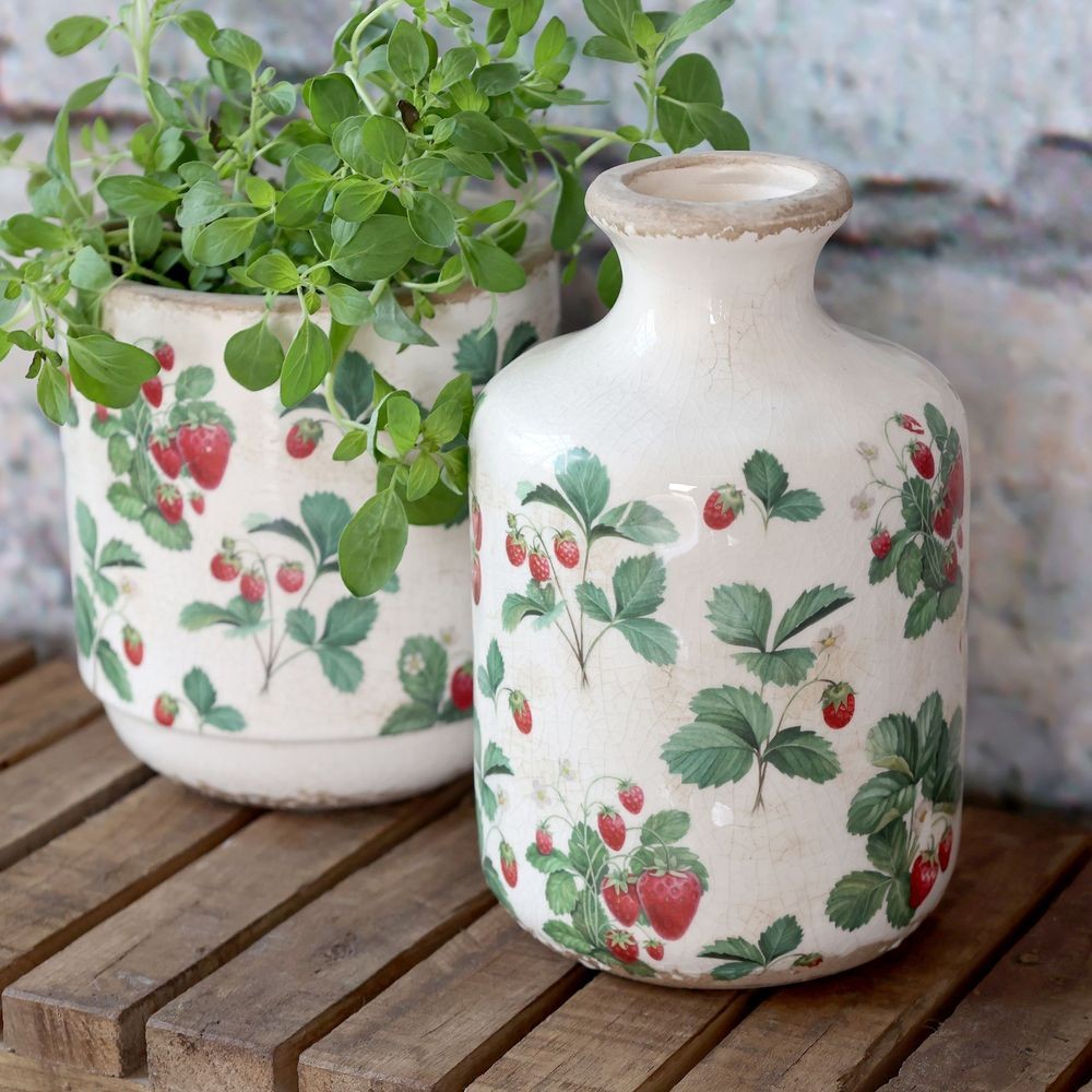 Krémová antik keramická váza s jahůdkami Fraises - Ø 11*17 cm