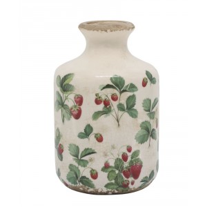 Krémová antik keramická váza s jahůdkami Fraises - Ø 11*17 cm