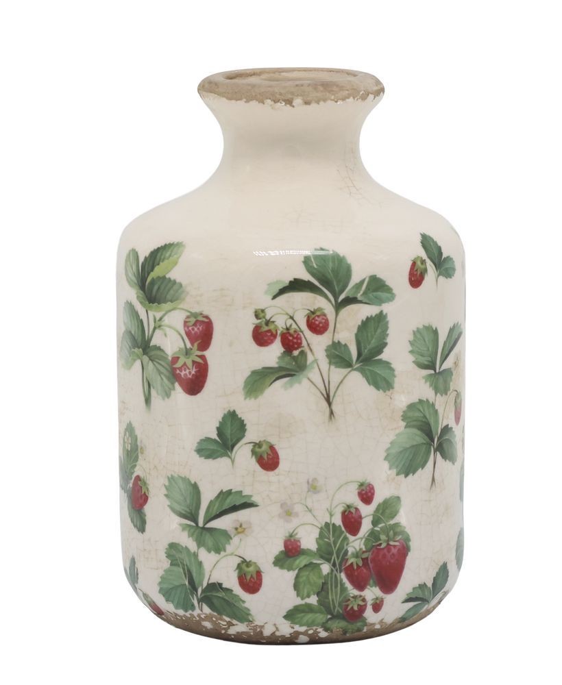 Krémová antik keramická váza s jahůdkami Fraises - Ø 11*17 cm