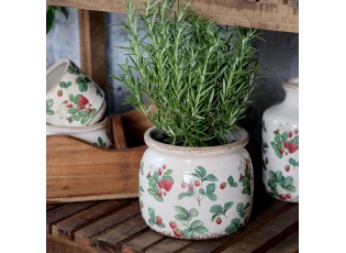 Krémový antik keramický obal na květináč s jahůdkami Fraises - Ø 15*13 cm