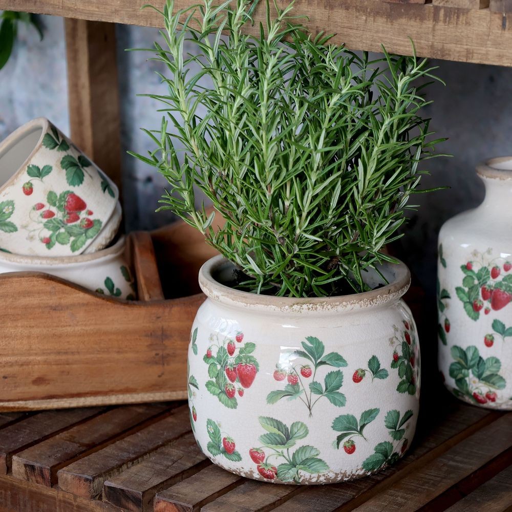 Krémový antik keramický obal na květináč s jahůdkami Fraises - Ø 15*13 cm