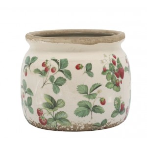 Krémový antik keramický obal na květináč s jahůdkami Fraises - Ø 15*13 cm