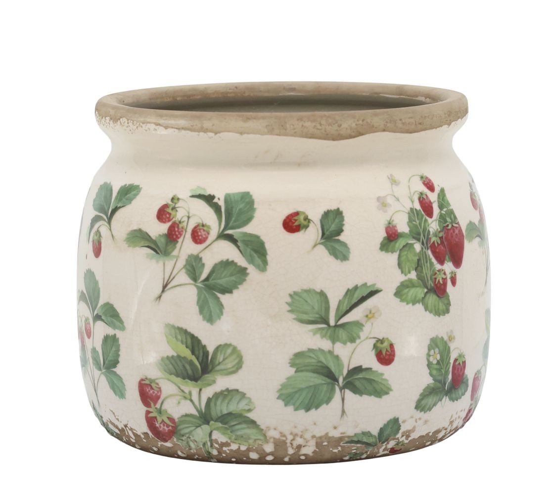 Krémový antik keramický obal na květináč s jahůdkami Fraises - Ø 15*13 cm
