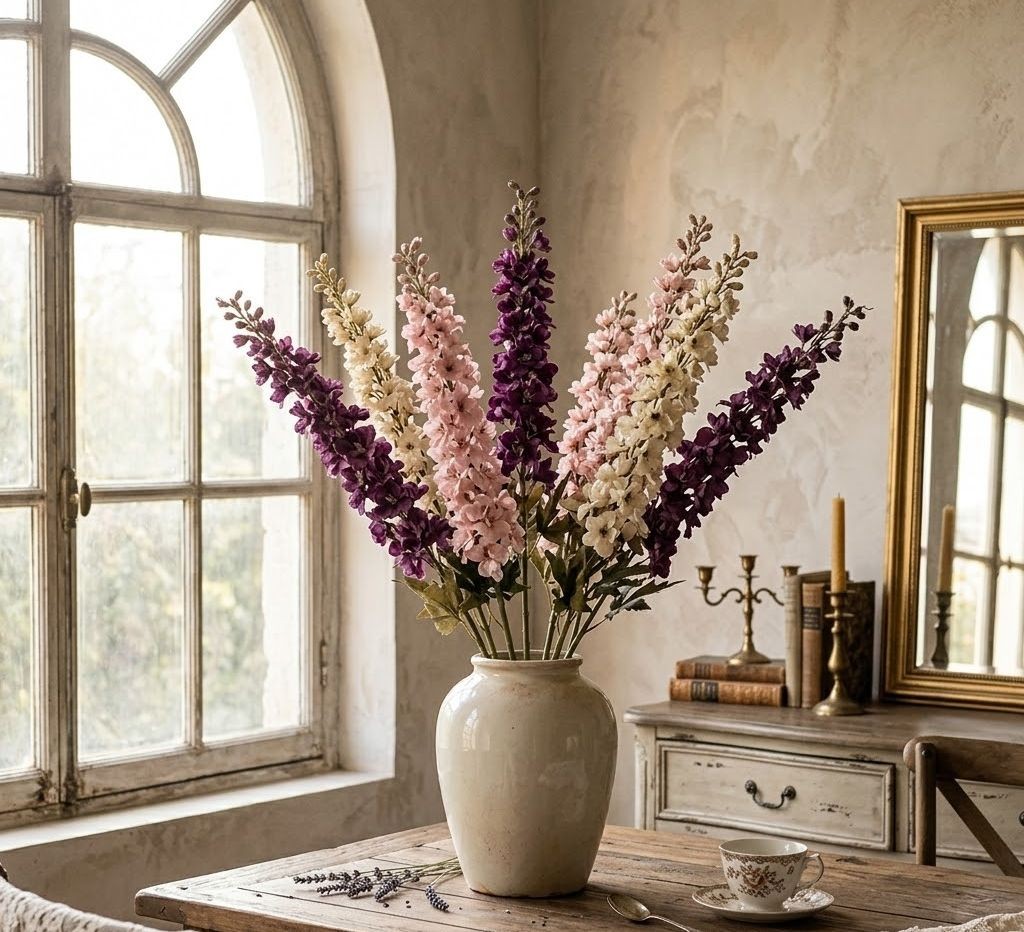 Dekorace umělá květina ostrožka Delphinium s bílým květem - 8*8*124 cm