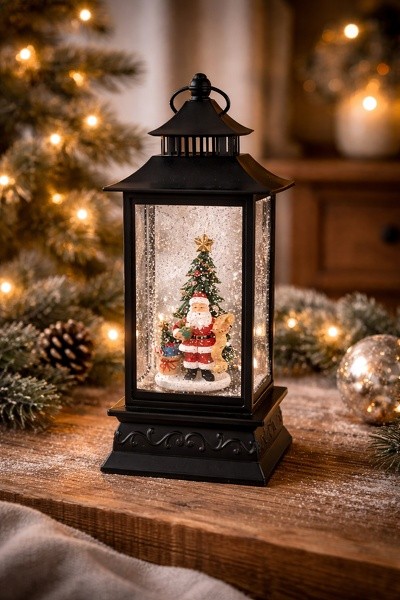Černá vánoční lucerna sněžítko s LED osvětlením Santa - 10*10*28 cm / 3*AAA