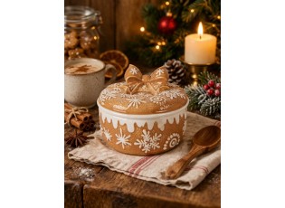 Hnědá keramická perníková dóza s mašlí a vločkami Snowflakes - Ø 20*13 cm