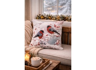 Šedý povlak na polštář s ptáčky hýla na stromku Christmas - 45*45 cm