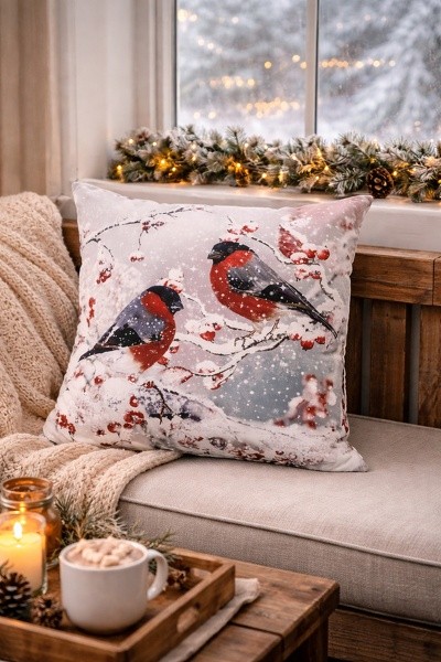Šedý povlak na polštář s ptáčky hýla na stromku Christmas - 45*45 cm