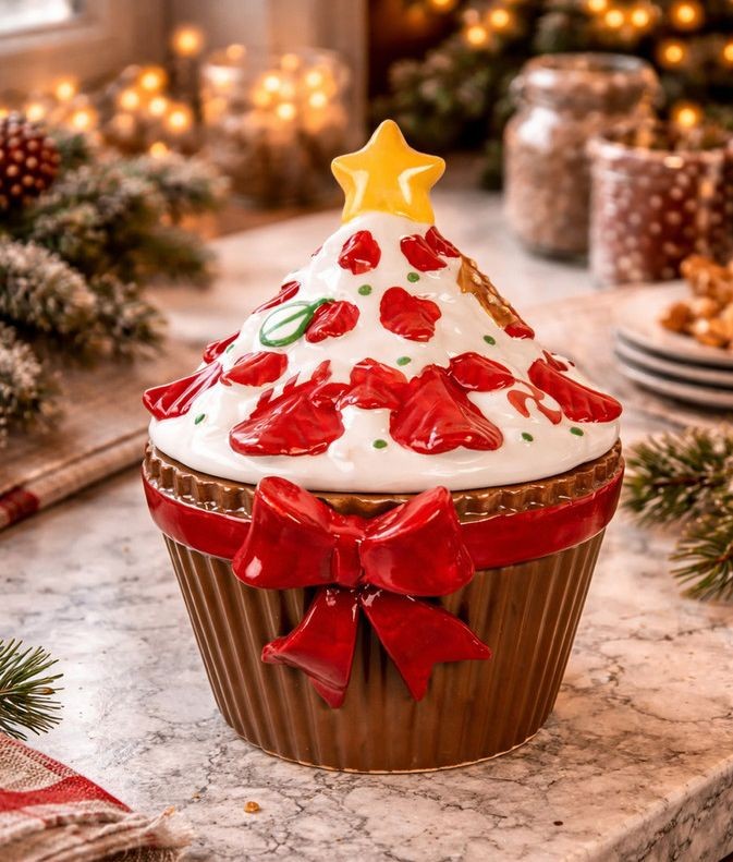 Hnědá keramická dóza s mašlí Cupcake - 18*16*20 cm