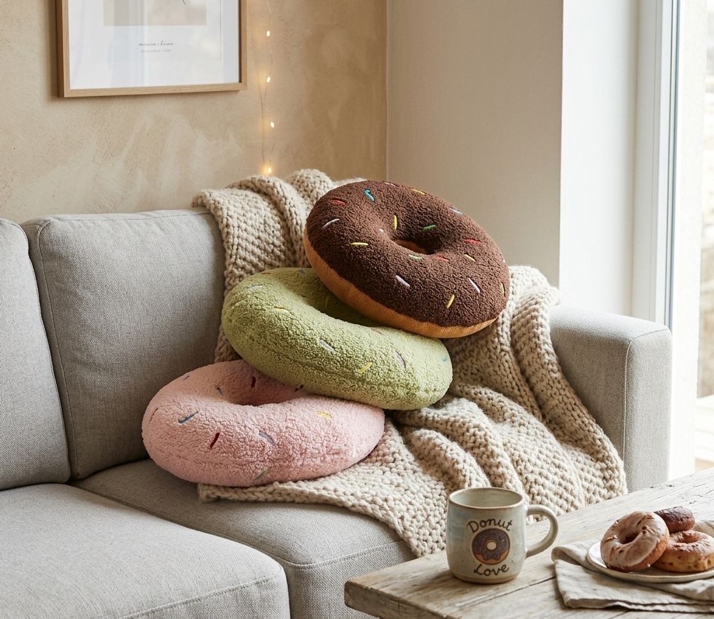 Růžový dekorativní polštář ve tvaru donutu s posypem - Ø 35*6 cm