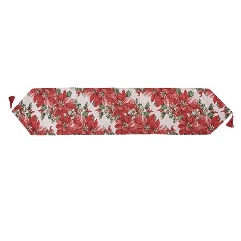 Béžovo-červený běhoun s vánočními hvězdami a střapci - 33*180 cm
