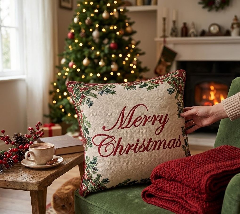 Béžovo-červený dekorační polštář Merry Christmas - 44*44*4 cm