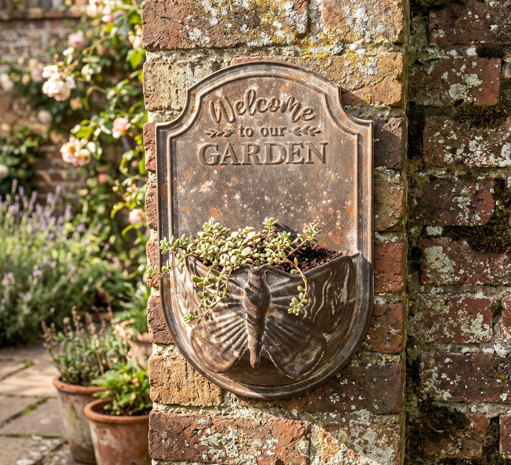 Hnědý antik plechový nástěnný držák na květiny Welcome Garden - 23*10*36 cm Clayre & Eef Hnědý antik plechový nástěnný držák na květiny Welcome Garden - 23*10*36 cm Clayre & Eef