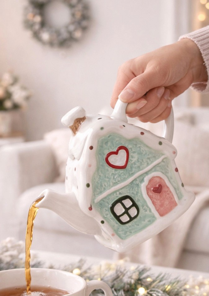 Zelená keramická konvička chaloupka Gingerbread - 21*10*15 cm / 600 ml