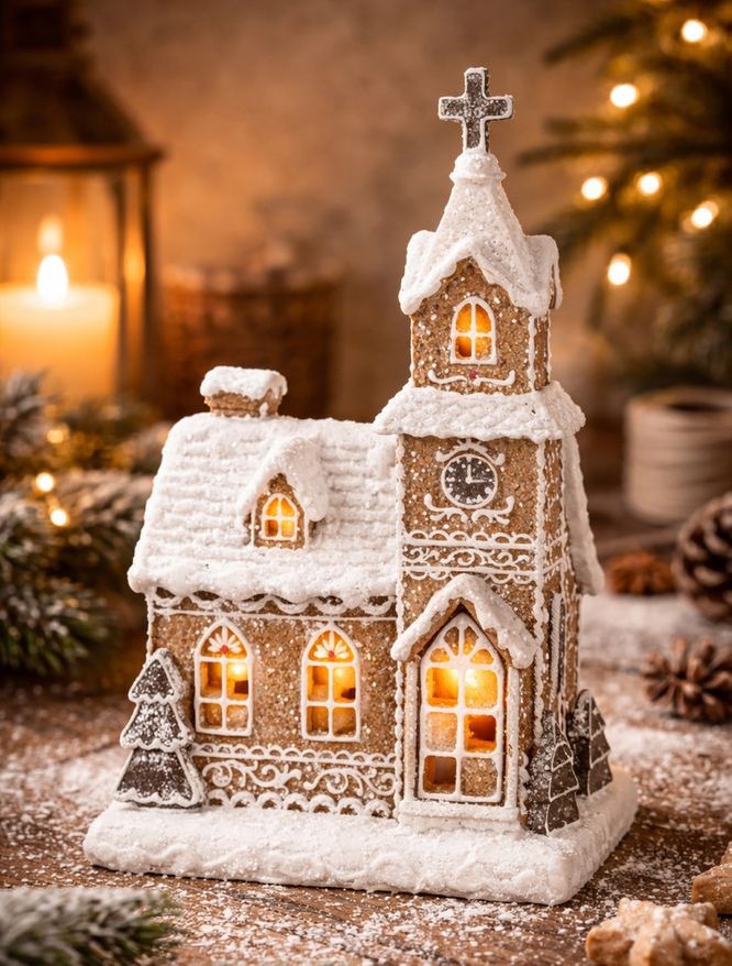 Vánoční perníková dekorace kostel Gingerbread House Led - 14*12*23 cm