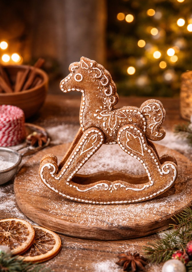 Hnědá perníková dekorace houpací koník se třpytkami - 14*4*15 cm