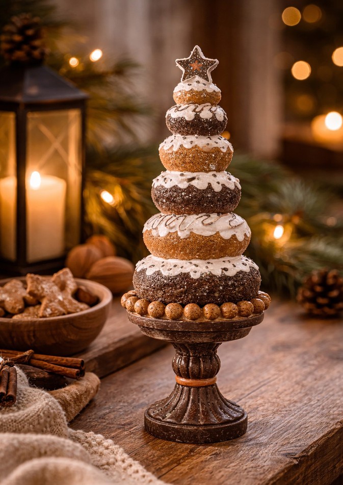 Hnědá vánoční dekorace donuty na podstavci - Ø 11*33 cm