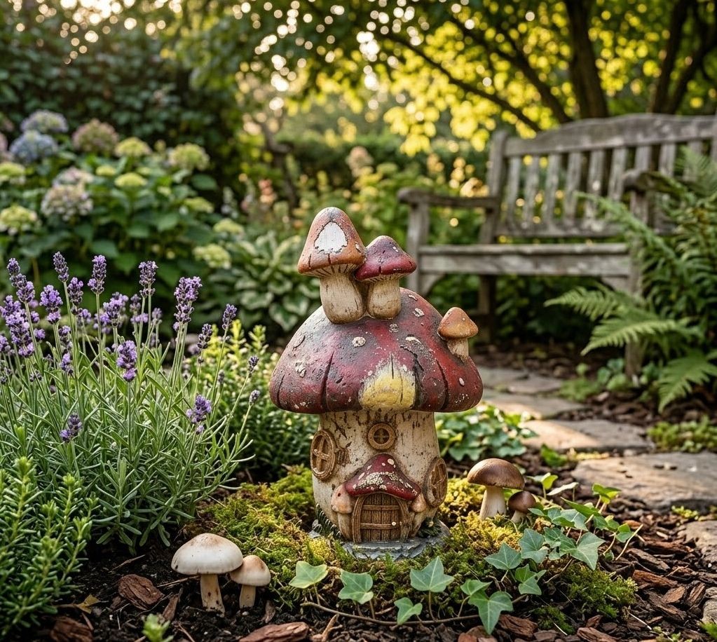 Béžová antik dekorace figurka domek houba muchomůrka - 30*27*50 cm