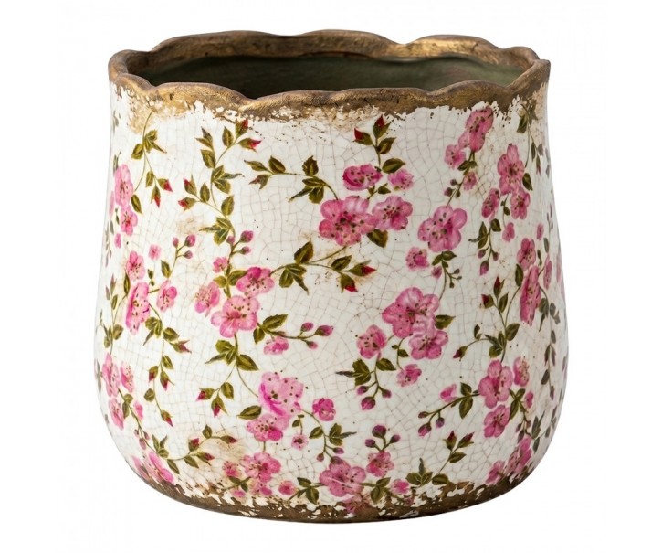 Keramický obal na květináč s růžovými květy Vintage Bloom M - Ø 14*12 cm Clayre & Eef