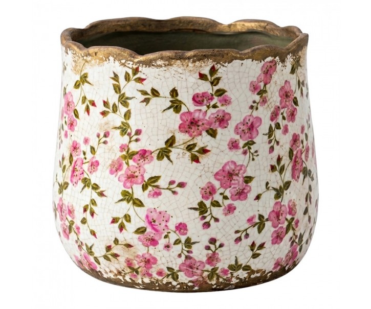 Keramický obal na květináč s růžovými květy Vintage Bloom L - Ø 18*16 cm Clayre & Eef
