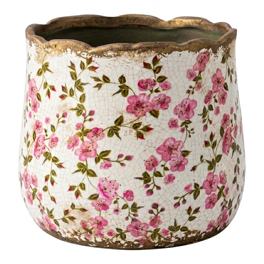 Keramický obal na květináč s růžovými květy Vintage Bloom L - Ø 18*16 cm