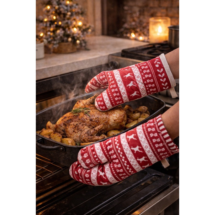 Červená bavlněná chňapka rukavice s jeleny Nordic Christmas New - 16*30 cm