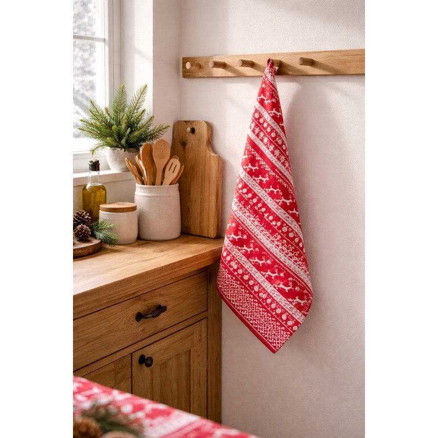 Červená bavlněná utěrka s jeleny Nordic Christmas New - 50*85 cm