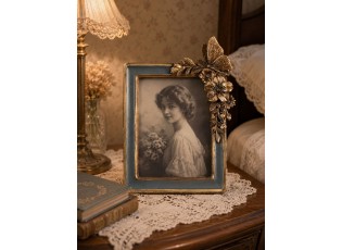 Zeleno-zlatý fotorámeček s květy a motýlkem - 18*3*26 cm / 13*18 cm