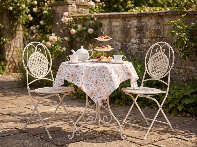 Béžový zahradní kovový Bistro set stůl a 2 židle - Ø 60*74 / 50*40*92 cm 