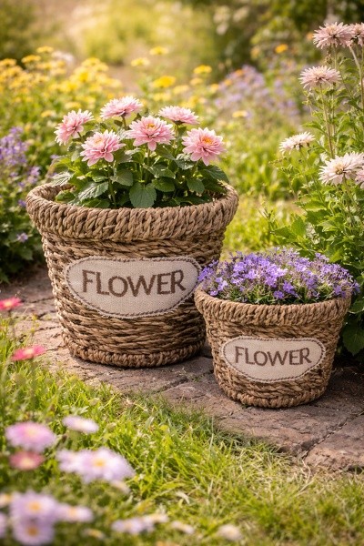2ks pletený košík z mořské trávy Flower - Ø 16*13 / Ø 13*11 cm
