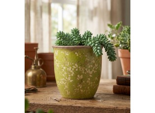Zelený keramický obal na květináč Rustic Wild Herb S - Ø 13*13 cm