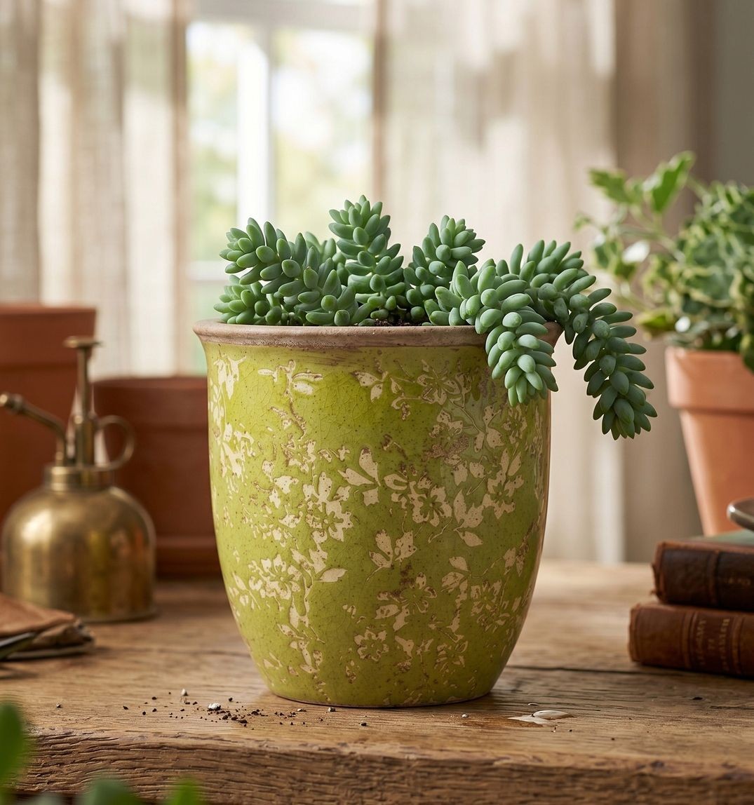 Zelený keramický obal na květináč Rustic Wild Herb S - Ø 13*13 cm
