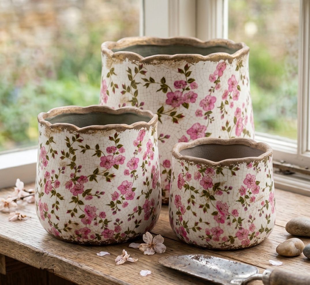 Keramický obal na květináč s růžovými květy Vintage Bloom S - Ø 11*10 cm