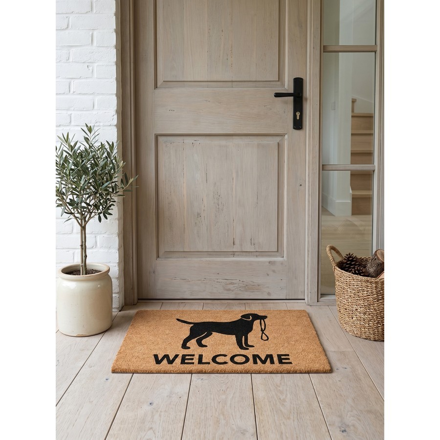 Hnědá kokosová rohožka s pejskem Welcome - 75*45*1 cm