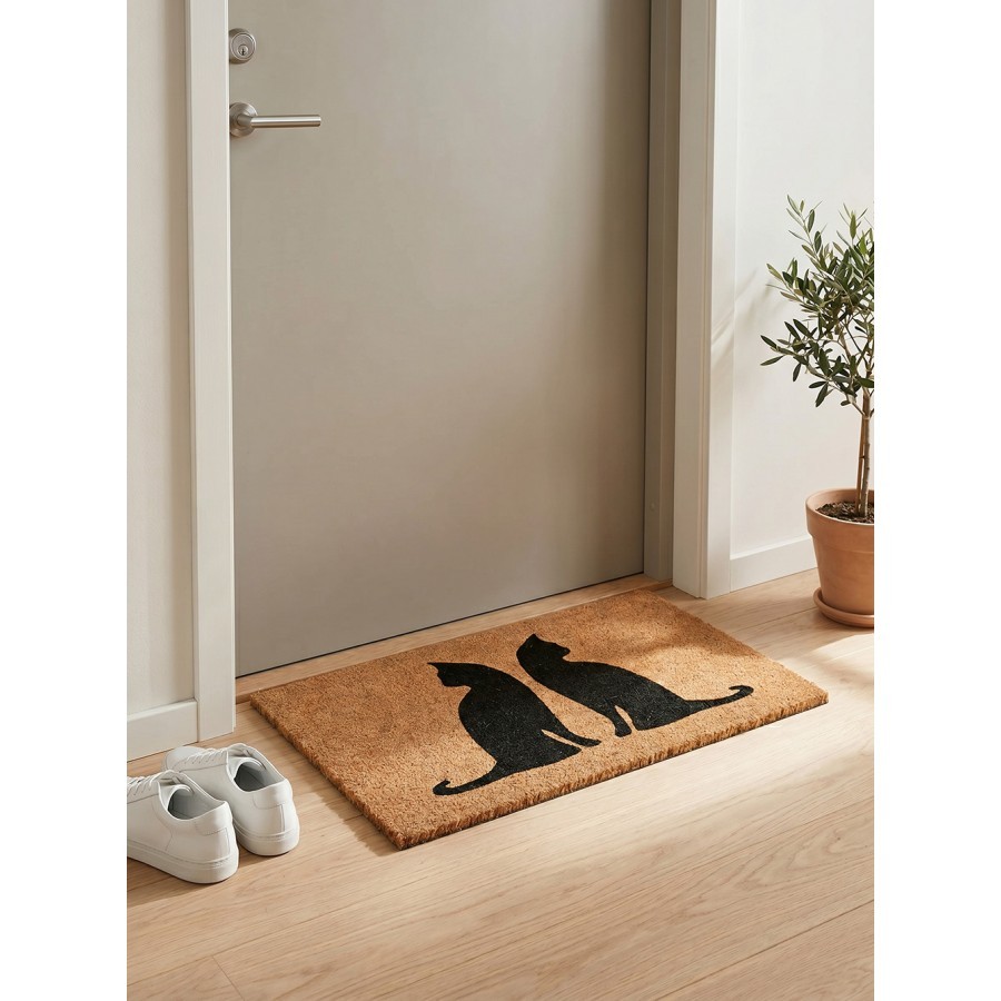 Hnědá kokosová rohožka s kočkami Cat - 75*45*1 cm