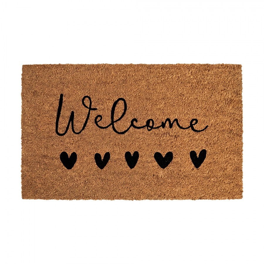 Hnědá kokosová rohožka se srdíčky Welcome - 75*45*1 cm