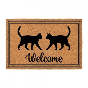 Hnědá kokosová rohožka s kočkami Welcome - 75*45*1 cm