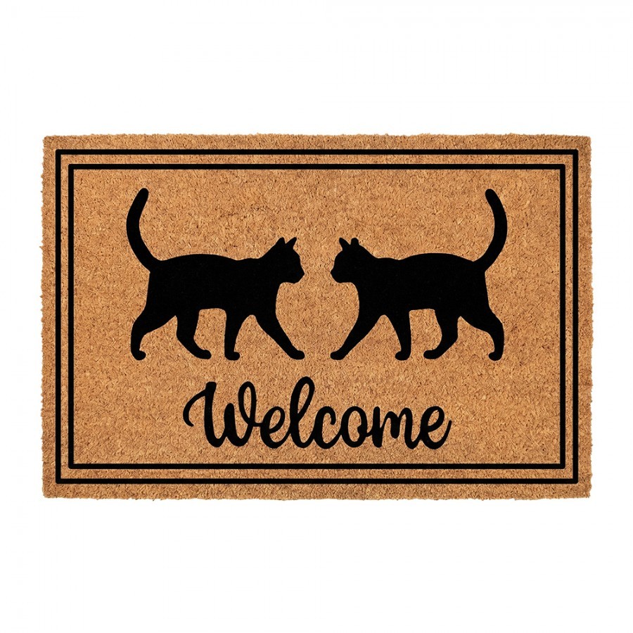 Hnědá kokosová rohožka s kočkami Welcome - 75*45*1 cm