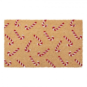 Hnědá kokosová rohožka s cukrovými holemi Candy Cane Christmas - 75*45*1 cm