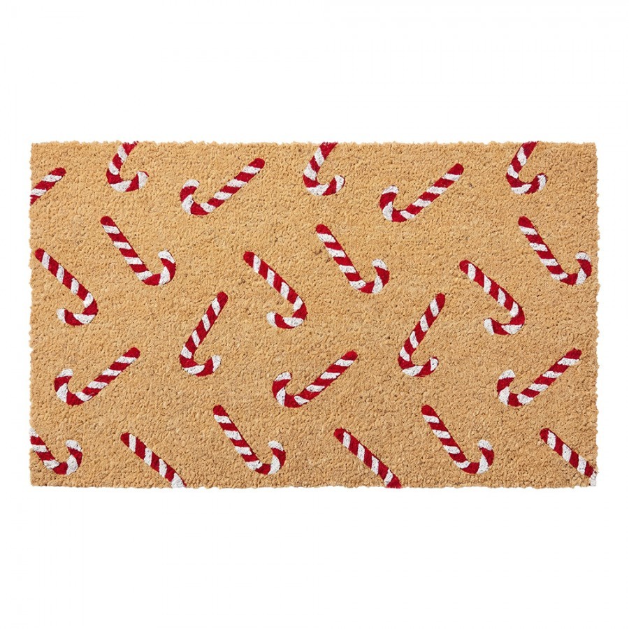 Hnědá kokosová rohožka s cukrovými holemi Candy Cane Christmas - 75*45*1 cm