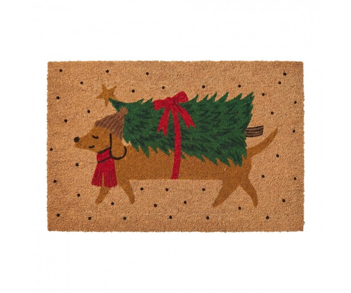 Hnědá kokosová rohožka s jezevčíkem a stromkem Christmas - 75*45*1 cm Clayre & Eef