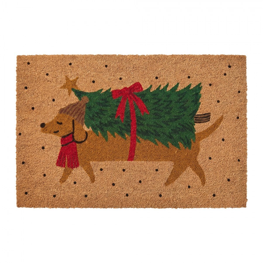 Hnědá kokosová rohožka s jezevčíkem a stromkem Christmas - 75*45*1 cm