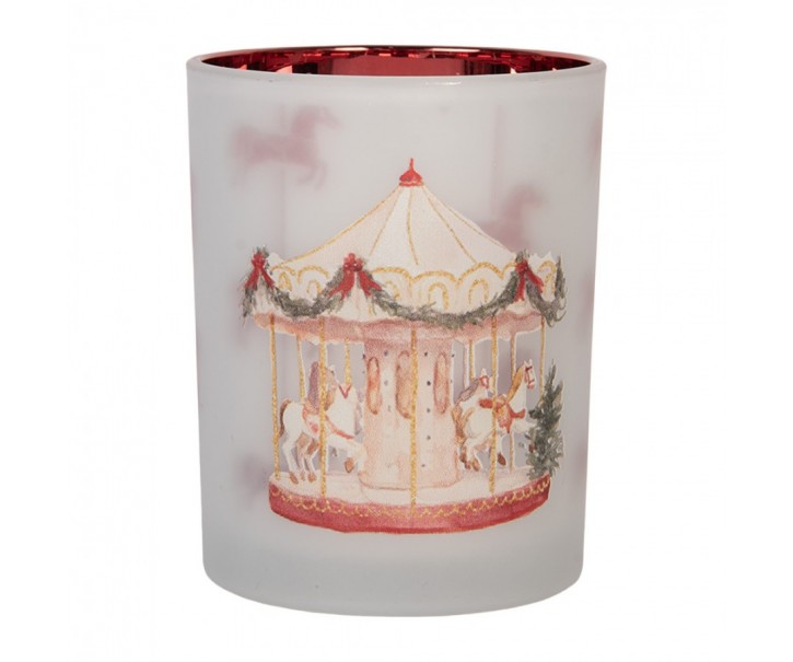 Skleněný svícen na čajovou svíčku kolotoč Christmas Carousel - Ø 10*13 cm Clayre & Eef