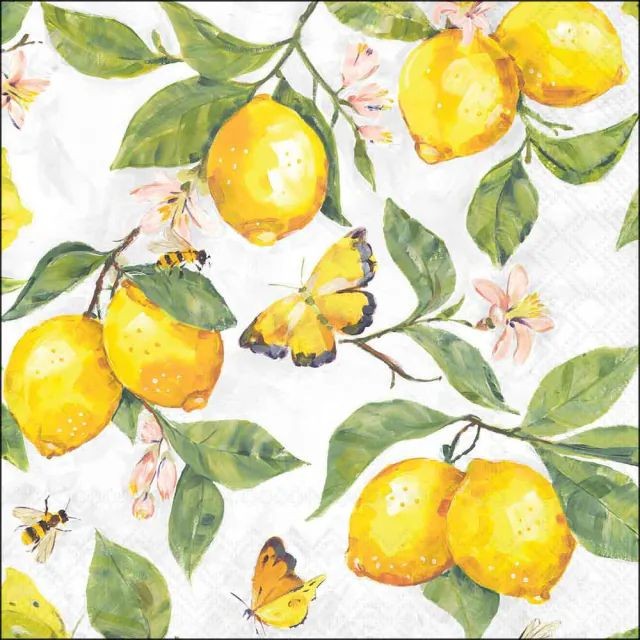 Bílé papírové ubrousky s citróny Fresh Lemons - 33*33 cm (20ks)
