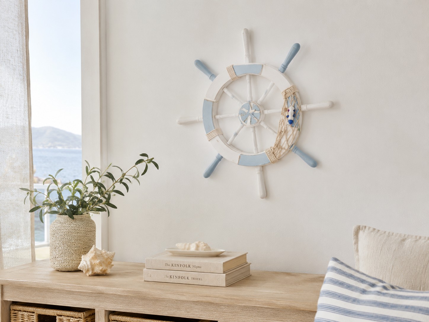 Modro-bílá dřevěná dekorace kormidlo Ship's Wheel Nautic - Ø 34*3 cm