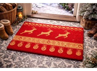 Červená kokosová rohožka s jeleny Nordic Christmas New - 75*45*1 cm