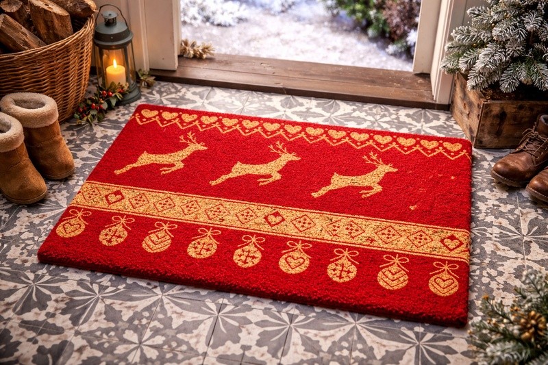 Červená kokosová rohožka s jeleny Nordic Christmas New - 75*45*1 cm
