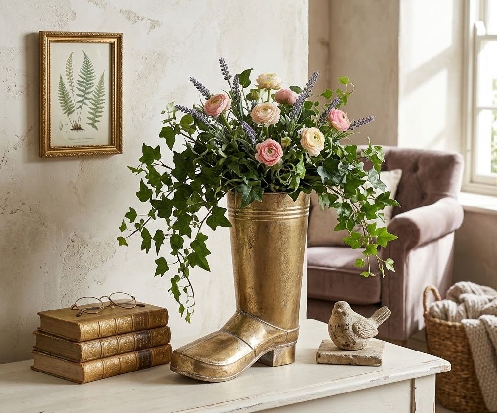 Dekorativní květináč ve tvaru boty – Zlatá antik elegance - 30*15*37 cm